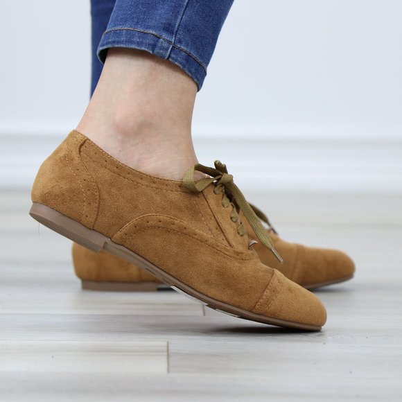 Tan Faux Suede Lace up Flat Heel Oxford Style Shoes - Picture 5 of 12